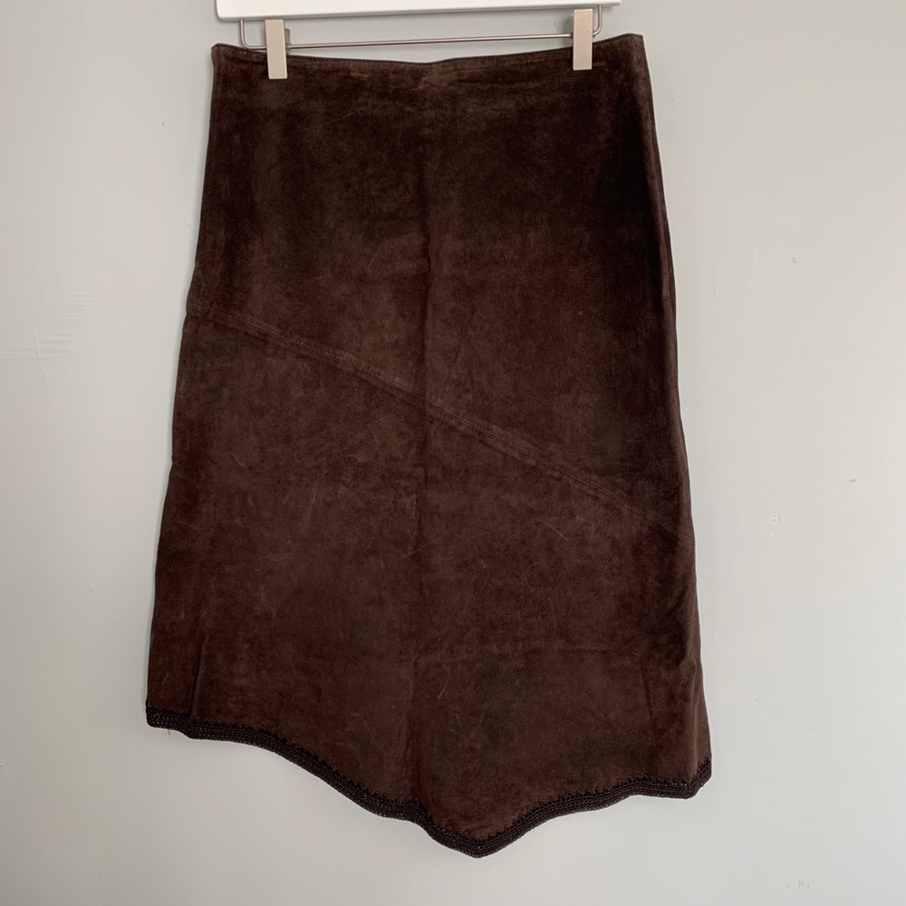 Vintage brown suede asymmetrical hem midi skirt